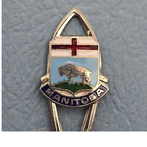 BMCo Manitoba Enamel Crest Souvenir Spoon Vintage Canadian Nickel Silver
